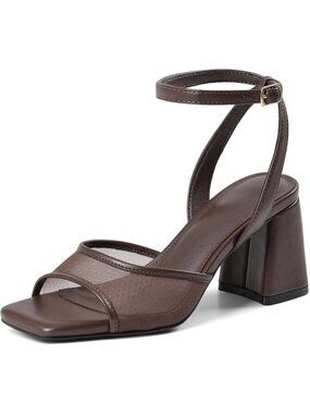 Women's Brown Wide Square Toe Mesh Block Chunky Ankle Strap Heel Sandals
